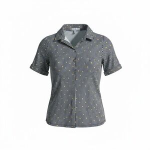 Navy Striped Short-Sleeve Button Down with Yellow Heart Detail Size XL